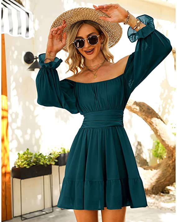 2022Years Spring Europe Women Long sleeve Square Neck Frill Dew Rear Slim In the long Model Chiffon Lace Dress  2022年春季欧美女装长袖方领褶边露背修身中长款雪纺系带连衣裙 2022Years Spring Europe Women Long sleeve Square Neck Frill Dew Rear Slim In the long Model Chiffon Lace Dress 