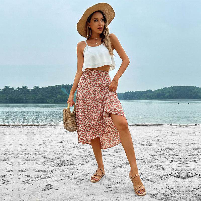 High Waisted Irregular Floral Midi Skirt Fresh and Sweet Design Summer Vacation or Date Wear Wholesale Available