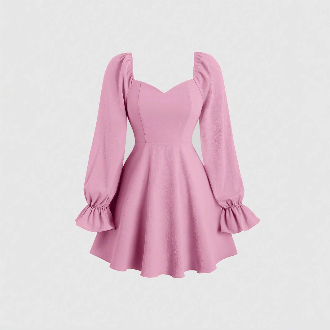 Pink Sweetheart Puff Sleeve Mini Dress Square Neck Waist Defining Flattering Fit Spring Summer Fashion Wholesale