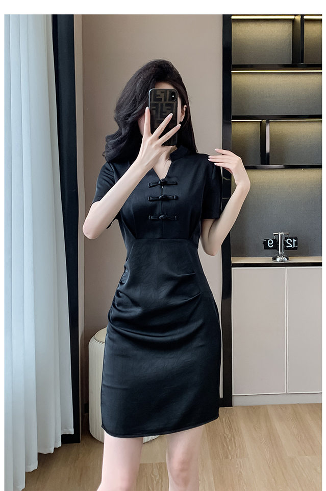 Váy Đầm Nữ Dáng Ôm Chiết Eo Phong Cách Trung Hoa Cổ Điển Màu Đen chi tiết 25