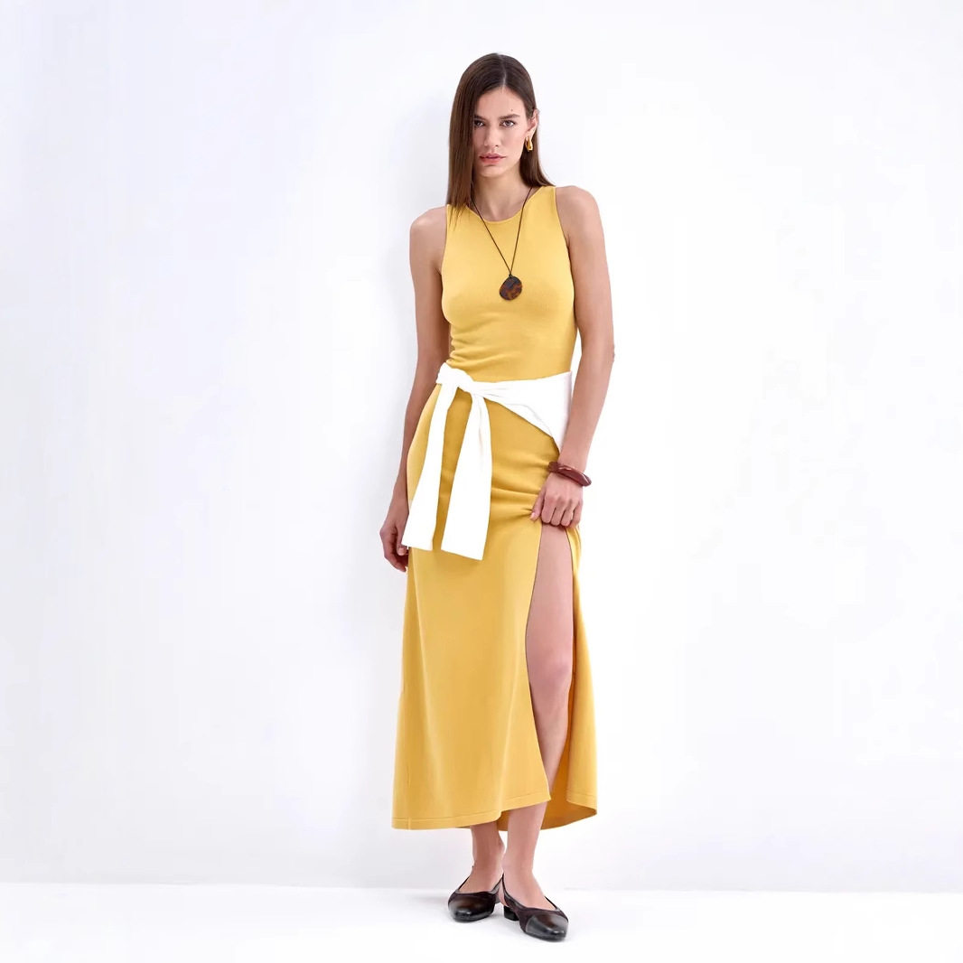Long Knit Sweater Dress Elegant Versatile Bodycon Split Hem Autumn Winter Fashion Wholesale Available