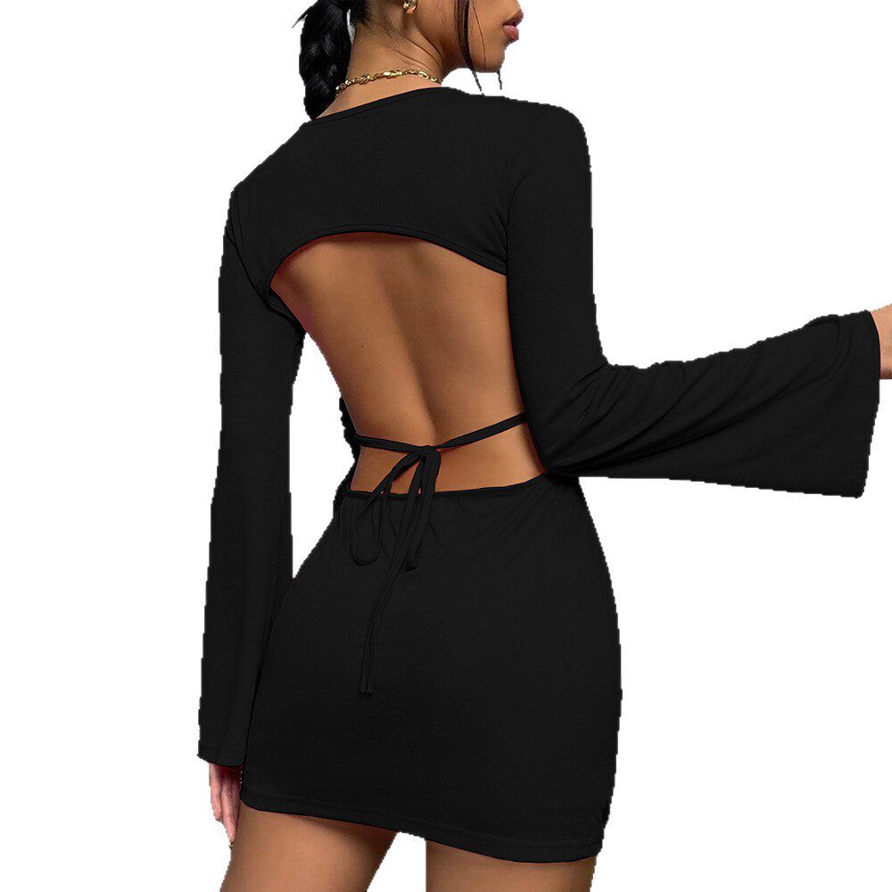 Womens Long Sleeve Bodycon Dress Sexy Backless Round Neck Flared Sleeve Perfect for Parties and Events OEM