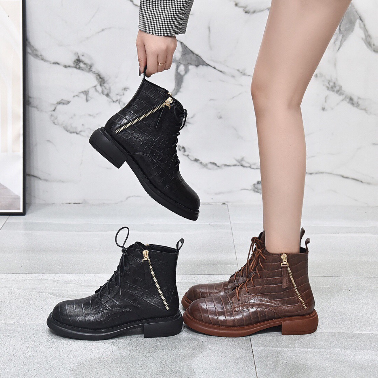 Mã D3777 Giá 1530K: Boot Cổ Thấp Nữ Torehu Gót Vuông Hàng Mùa Xuân Thu Đông Đế Cao Giày Dép Nữ Chất Liệu Da Bò G04 Sản Phẩm Mới, (Miễn Phí Vận Chuyển Toàn Quốc).