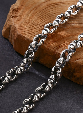 小众银饰男士s925纯银项链霸气环扣环十字纹小丑拼接项链情侣链子