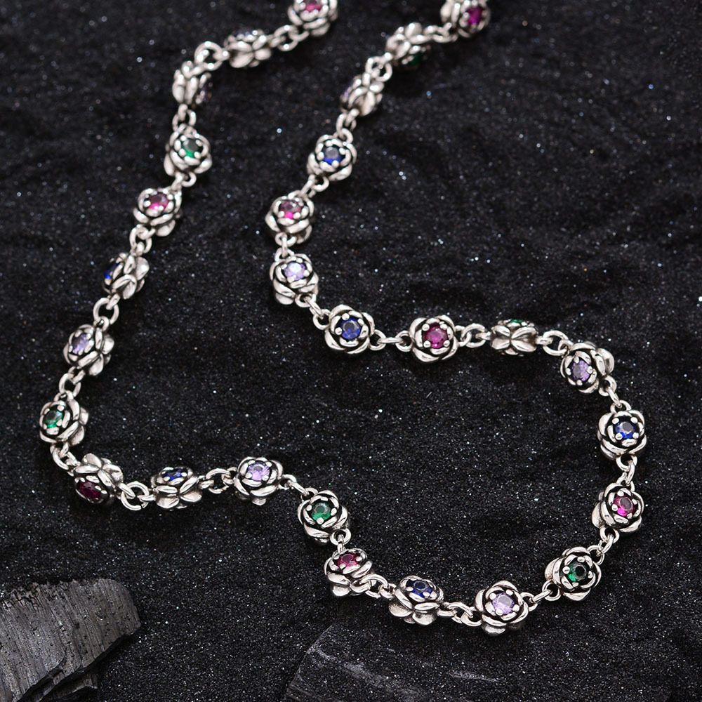 Light Luxury Rainbow Zircon Rose Necklace Women's Fashion Distinctive Niche High-end Sense Fashion Cold Style Clavicle Chain