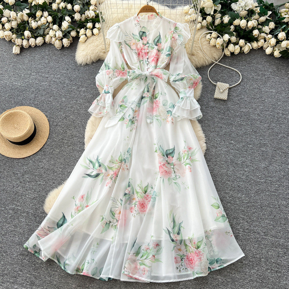 French Romantic Floral Print Long Sleeve V Neck Tie Waist A Line Dress for Women Elegant Spring Fashion Wholesale