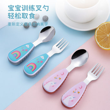 304 Stainless Steel Cartoon Kidsren's Tableware Baby Feeding Spoon Baby Food Supplement Spoon and Fork Set Convenient
