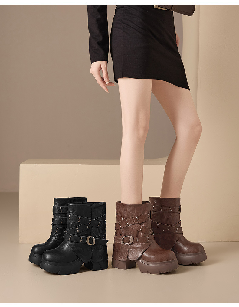 Boot Martin nữ cổ ngắn đế dày khóa thắt lưng gót thô đính đinh tán — Lớp lót đơn màu đen, Lớp lót đơn màu nâu, Lót nhung đen, Lót nhung màu nâu