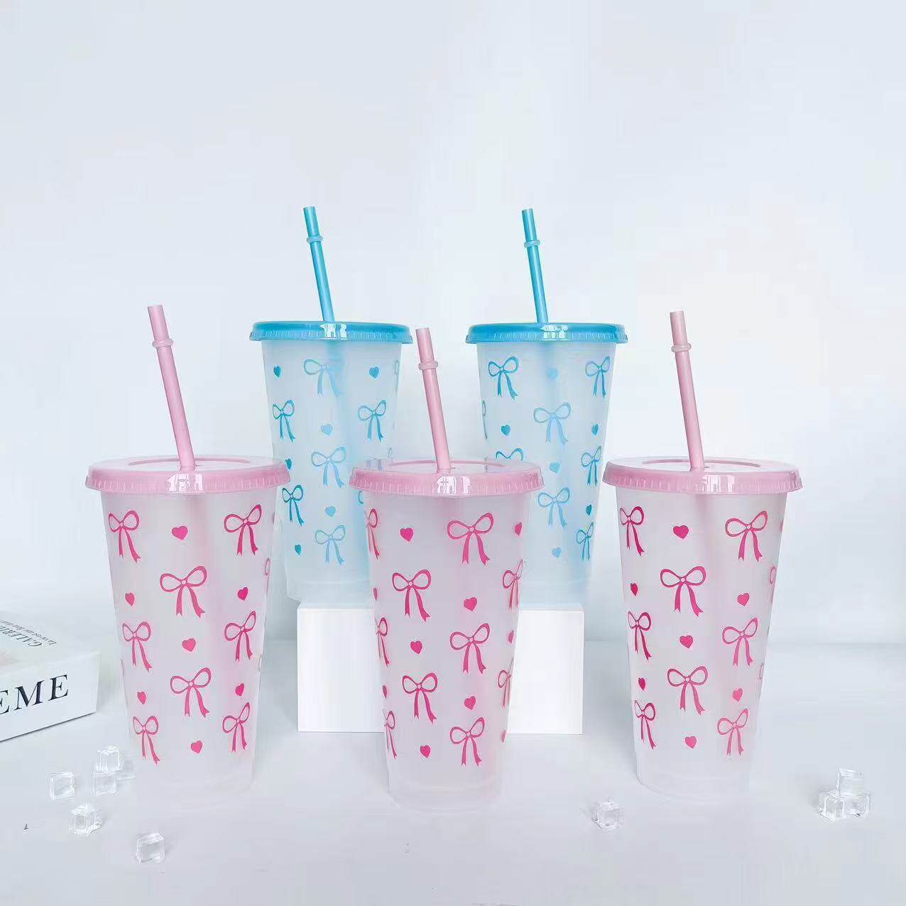 Hot-Selling Bow-Knot Internet Celebrity Straw Cup Large-Capacity Plastic Portable Cup Car-Mounted Cute