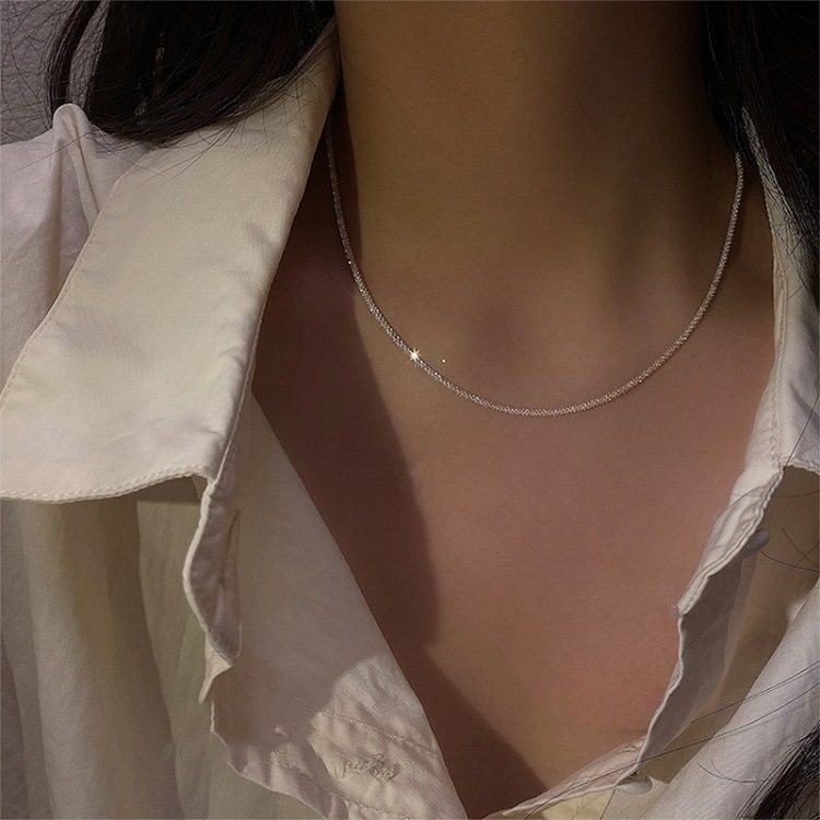 Korean Style Silver Plain Chain Pendant Sparkling Starry Sky Necklace Accessory Simple Versatile High-End Collarbone Jewelry