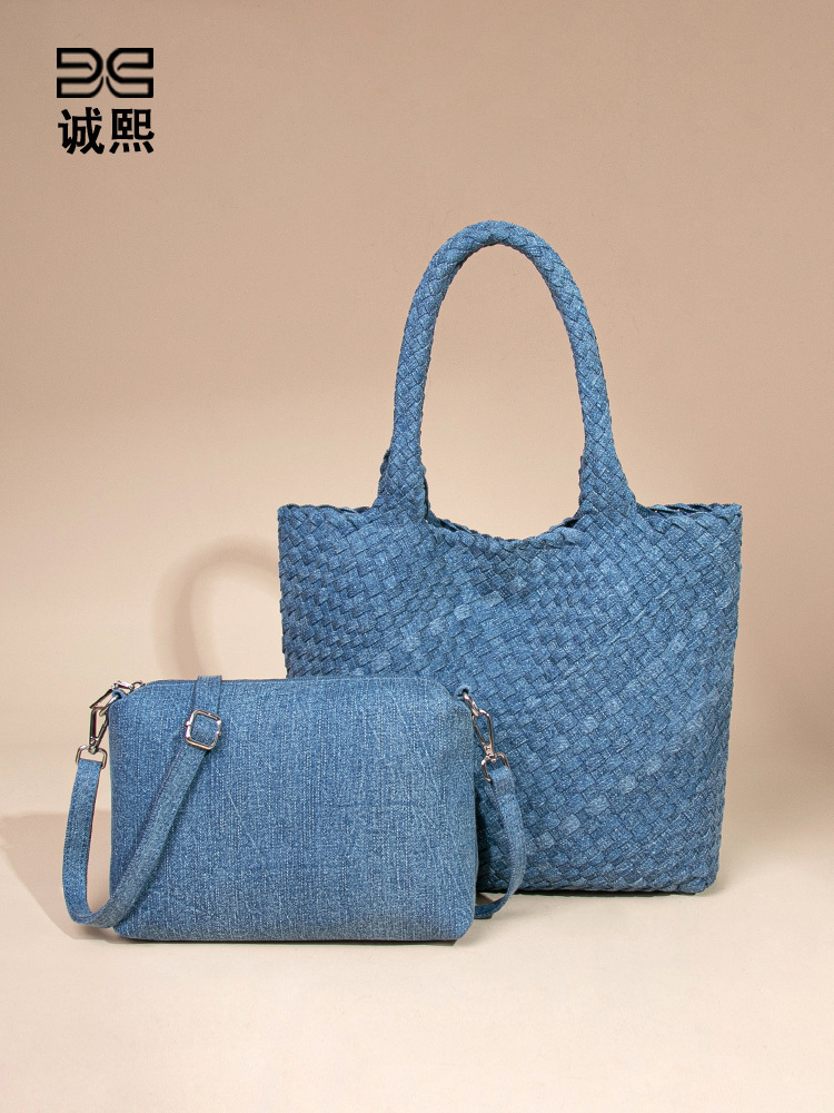 Túi xách nữ vải denim đan thủ công dáng bucket đeo chéo và xách tay — B249-1 # đen, B249-1 # xanh denim