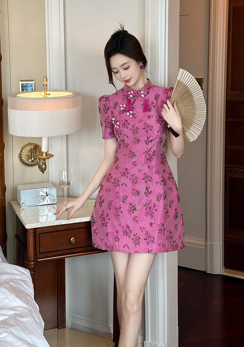 Đầm sơ mi Trung Hoa dáng suông midi in hoa tay ngắn — [Hồng dâu tây] chi tiết 8