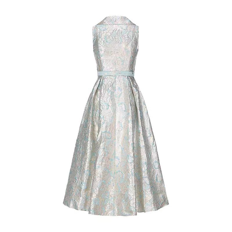 Elegant Floral A Line Dress Sleeveless Waist Tie Slim Fit Summer Style Perfect for Parties or Formal Events