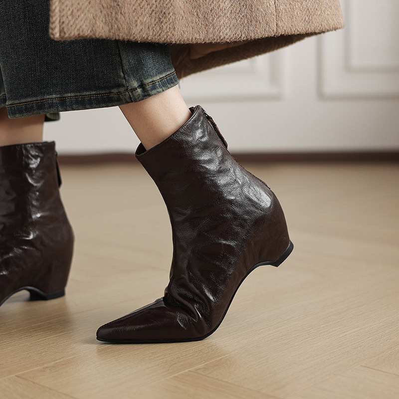 Boot nữ cổ thấp mũi nhọn da cừu thật gót vừa khóa kéo sau — Lớp lót đơn màu đen, Lớp lót đơn màu nâu, Lót nhung đen, Lót nhung màu nâu