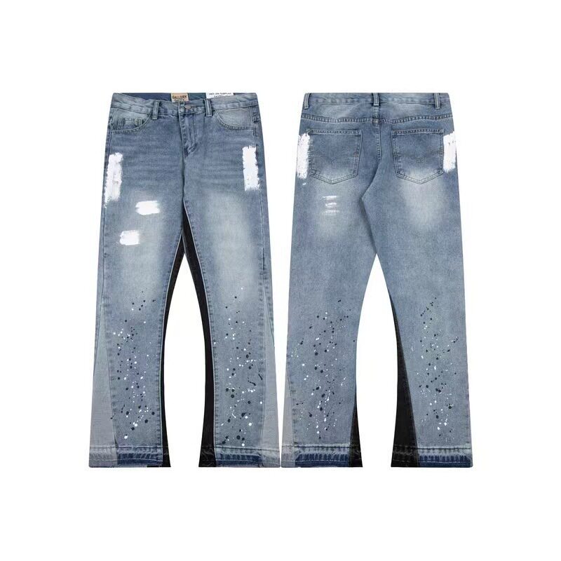 2024 American trendy brand ripped patchwork gradient spray paint jeans men's high street wide-leg flared pants cross-border