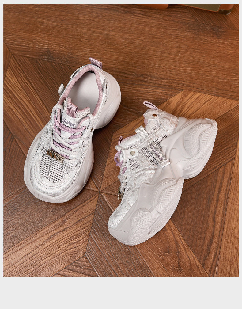 Giày sneaker nữ đế dày chunky lưới thoáng khí gót siêu cao 8 cm — Xám hồng, Len nguyên chất chi tiết 19
