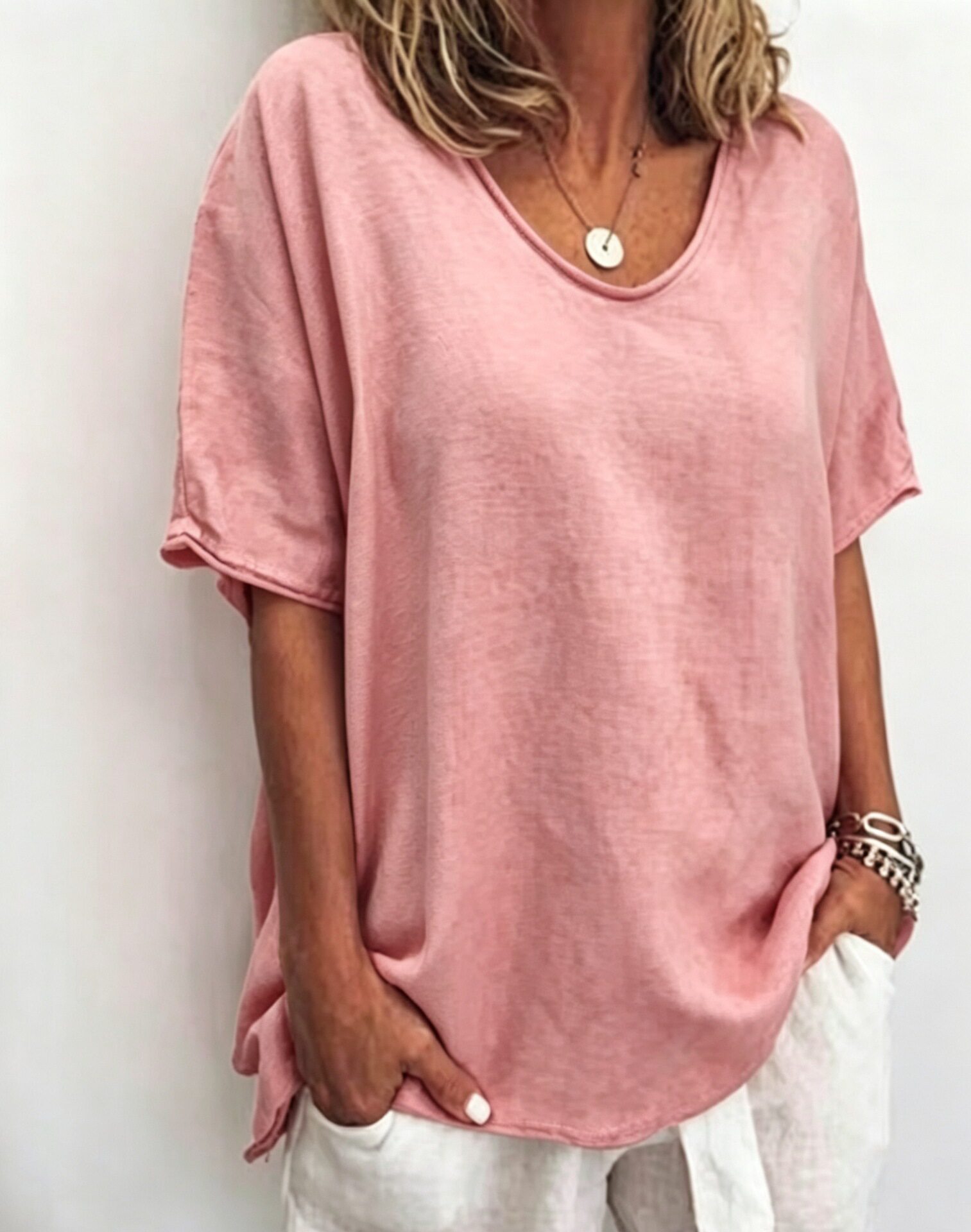 Womens Casual Loose Fit T Shirt Solid Color V Neck Short Sleeve Summer Style Wholesale Available