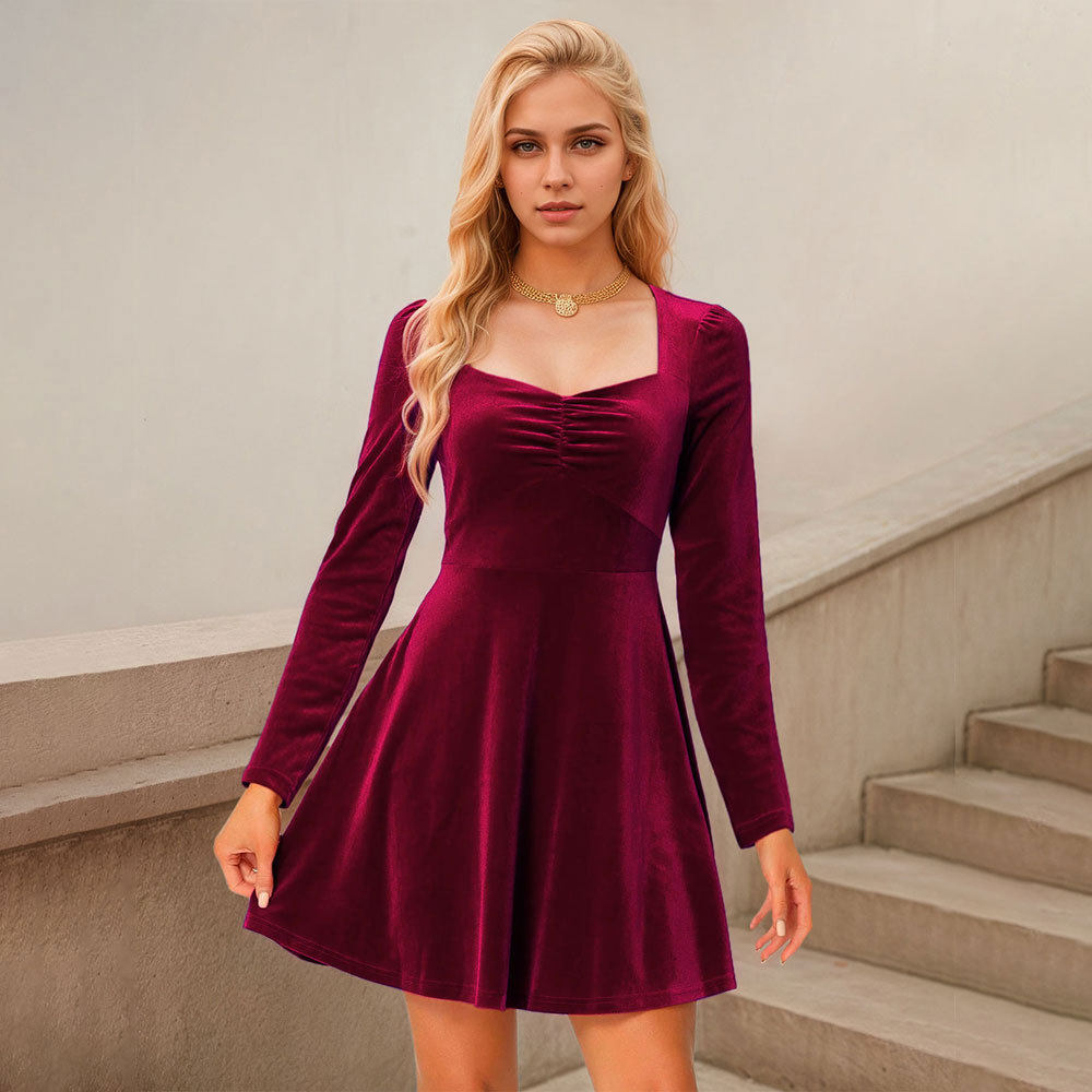 Elegant Burgundy Velvet Dress Slim Fit Short Length Spring Summer Style Wholesale Available custom packaging