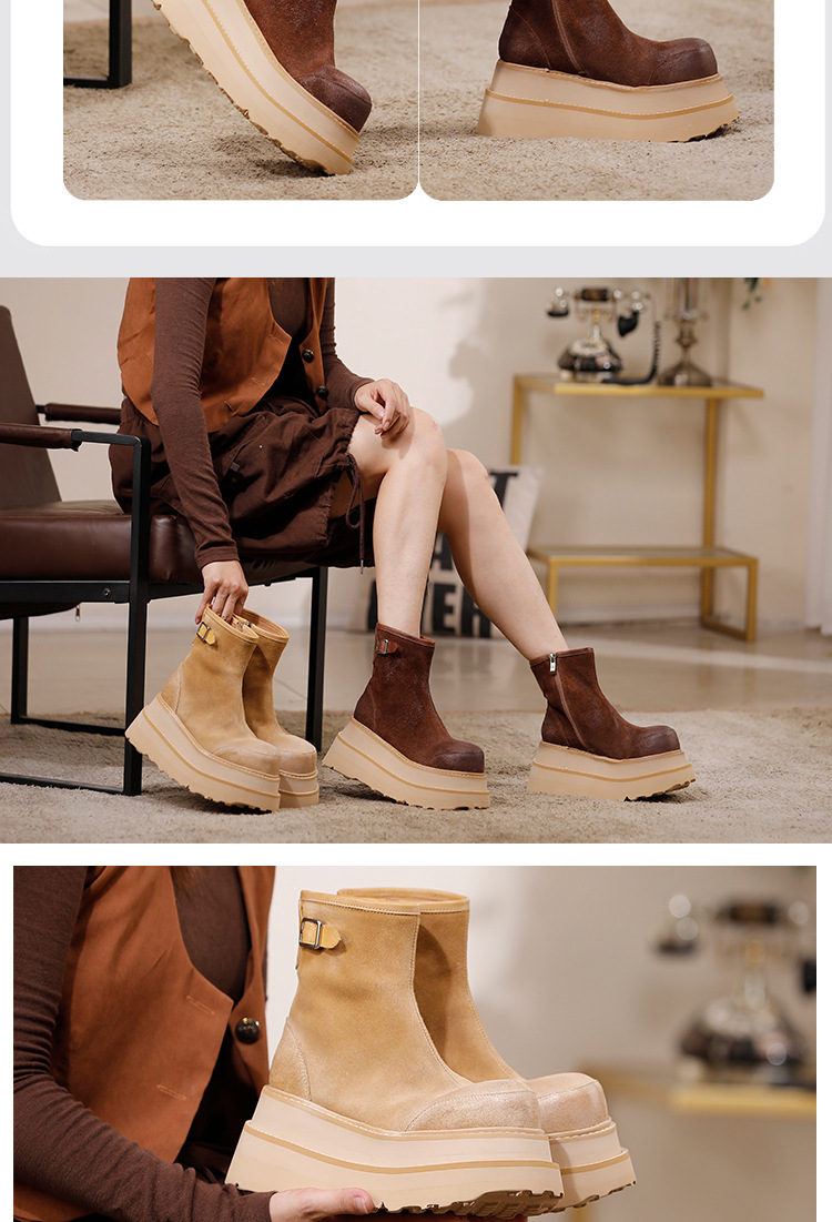 Boot nữ cổ ngắn da bò thật đế dày tăng chiều cao, thiết kế cá tính nhẹ nhàng — màu, màu cà phê