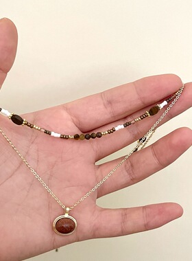 美拉德咖色串珠吊坠双层项链中古风轻奢级感毛衣链简约百搭项饰