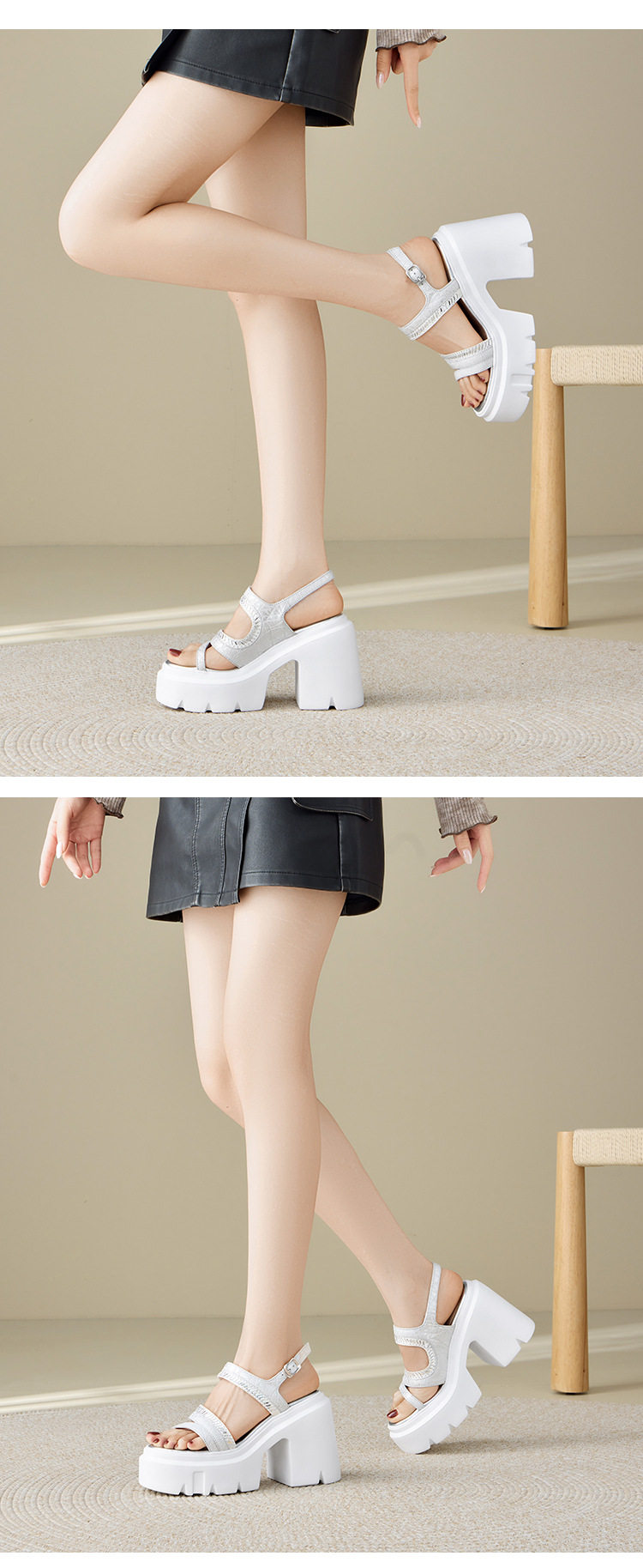 Sandal cao gót nữ hở mũi đế platform 12 cm, quai ngang đính đá — Xám, Áo khoác sáng, Bạc chi tiết 8