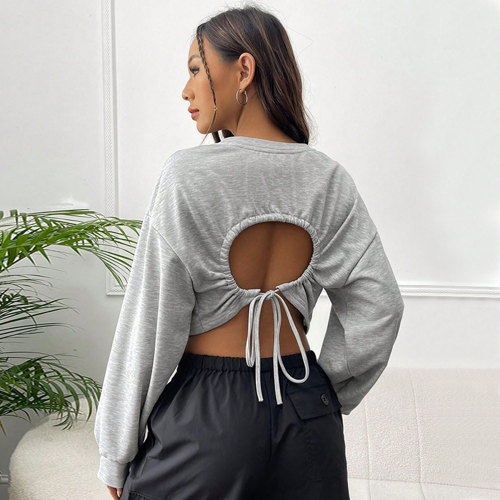 High Waisted Cropped Sweatshirt Drawstring Waist Loose Fit Long Sleeve Casual Style Wholesale Available