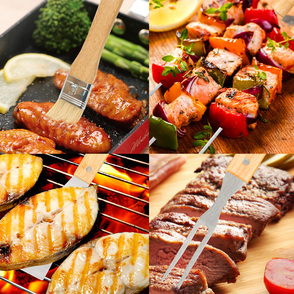 Factory in stock barbecue BBQ grill suit outdoor barbecue tools portable cloth bag wooden handle Stainless Steel Grill