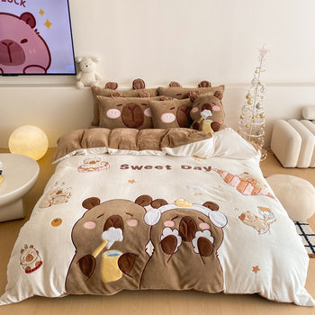 Children's Thickened Winter Cute Coral Fleece Three-Piece Set with Milk Velvet Four-Piece Set and Warm Duvet Cover