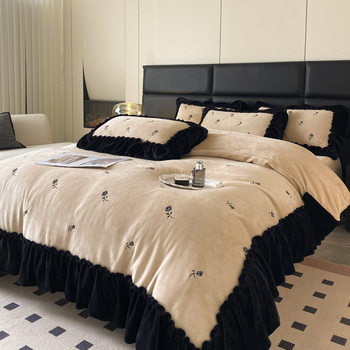French Hepburn Style High-Density Milk Velvet Four-Piece Winter Ruffled Double-Sided Thickened Coral Fleece Home Set