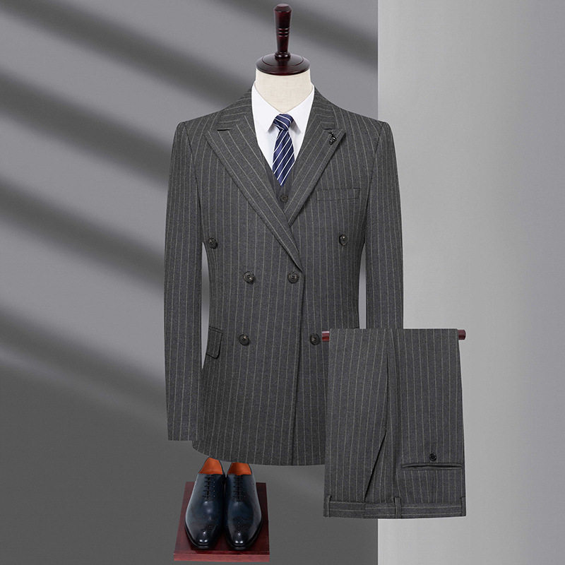 专柜双排扣西服套装男韩版修身商务伴郎服装绅士结婚礼服条纹正装