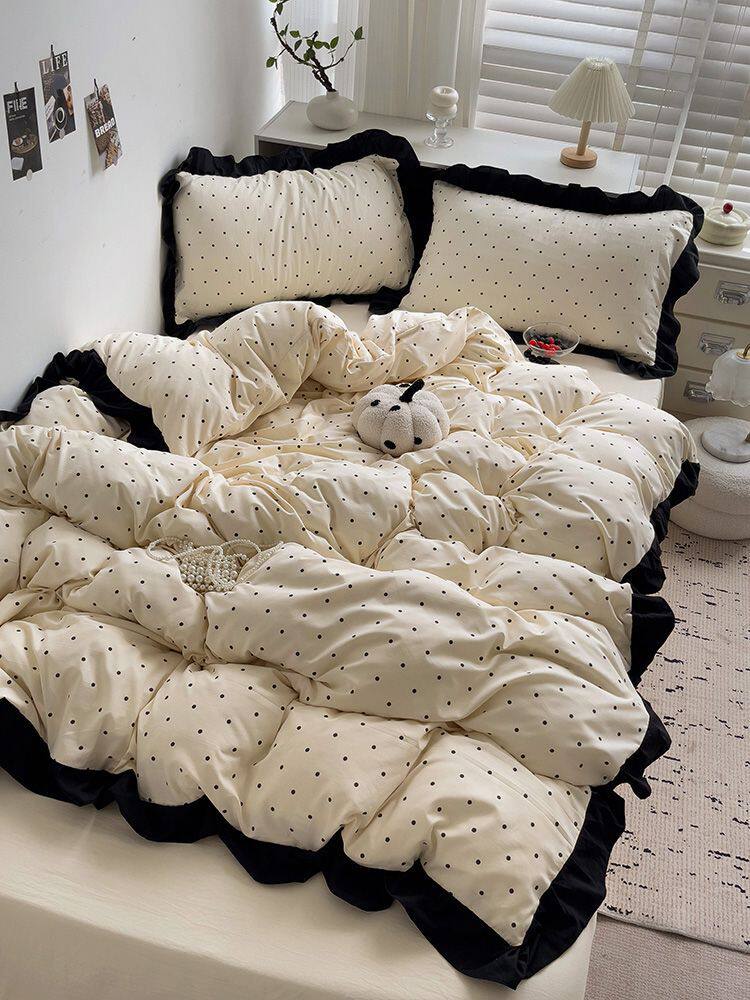 French-Style Gentle Girly Lace Polka Dot Washed Four-Piece Bedding Set Solid Color Duvet Cover Three-Piece Fitted Sheet Set Supply Chain