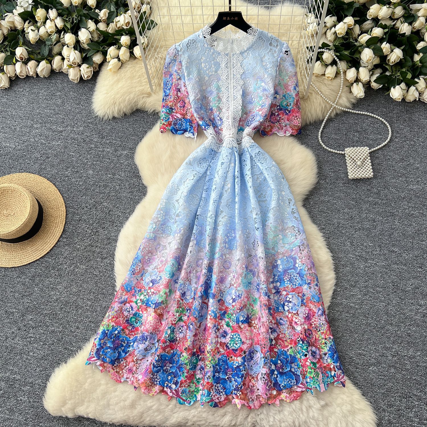 Elegant French Style Gradient Print Dress for Women Summer Hollow Out Lace Details Long Length Perfect for Formal