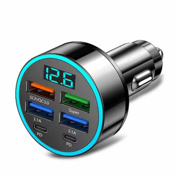 The new digital display car charger 4usb 66W fast charge PD mobile phone charging head a drag four with halo car charger