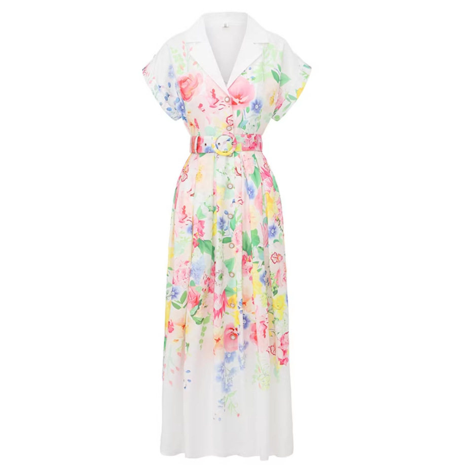 Elegant Floral Print Dress High Quality Fabric Shoulder Patch Sleeve Waist Tie Flared Hem Perfect for Spring and