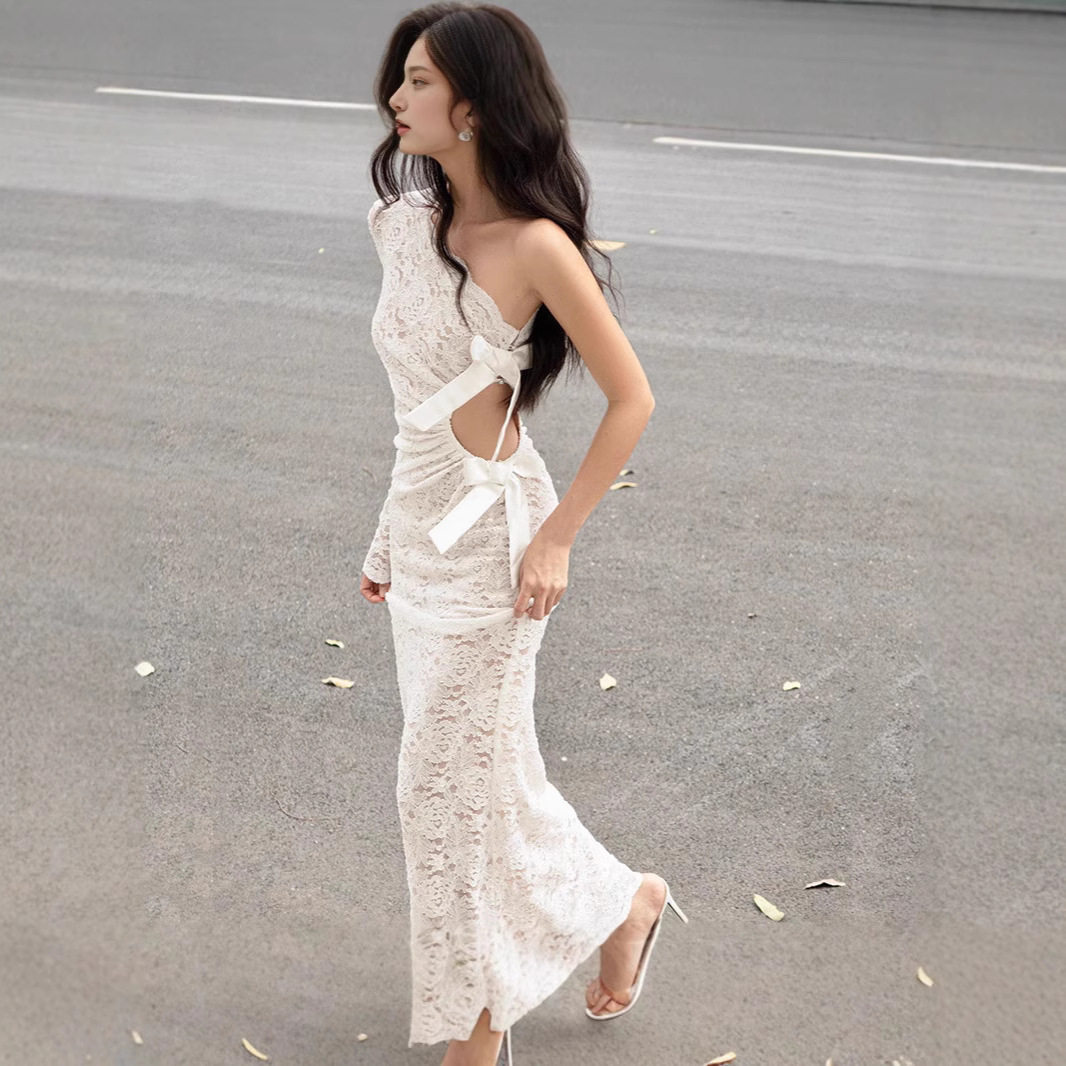 Lace One Shoulder Dress Sexy Hollow Out Long Sleeve Bow Detail Autumn Winter Fashion Wholesale Available