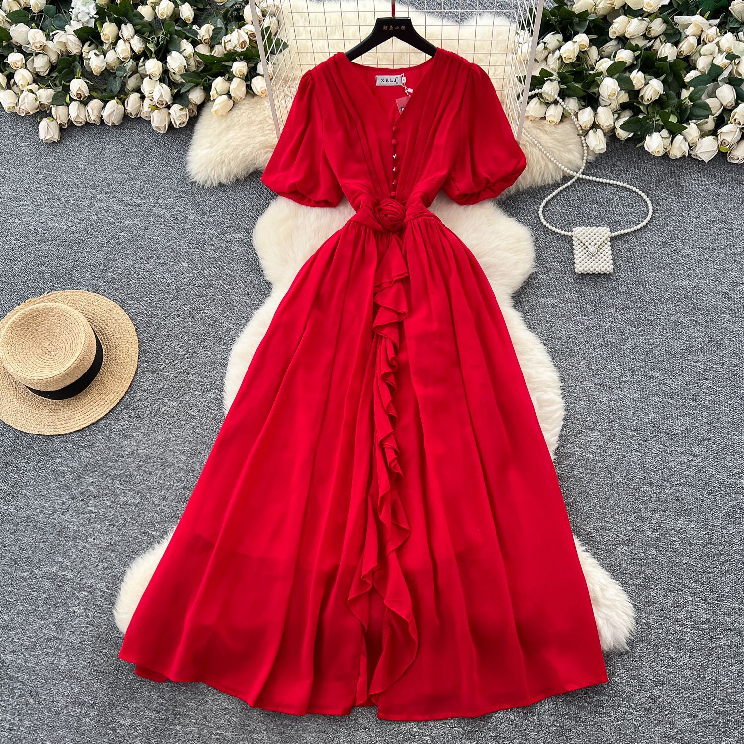 French Elegant V Neck Puff Sleeve Floral Waist Defined Ruffle Chiffon Maxi Dress Sophisticated Style for Special Occasions