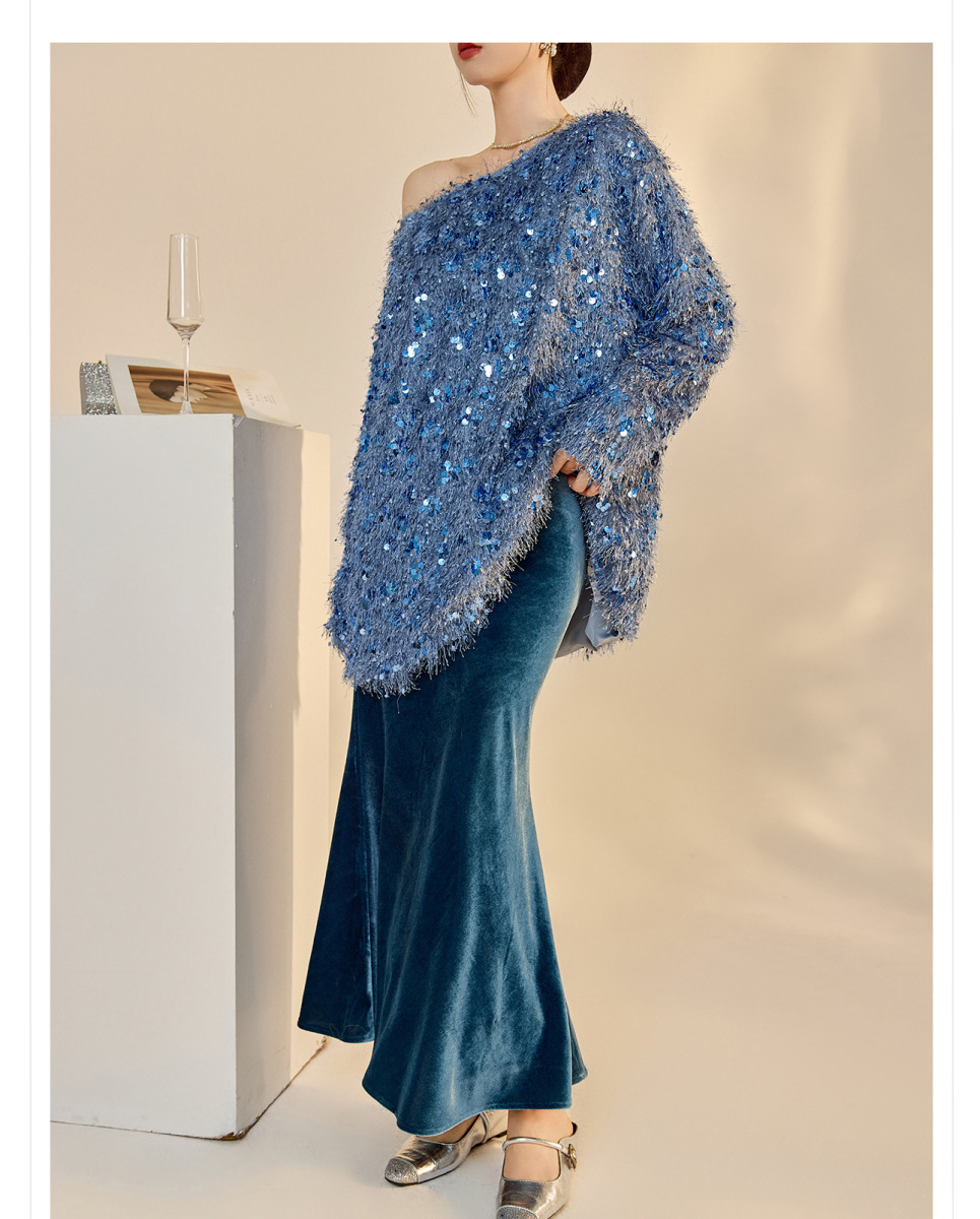 Set áo len dài tay cổ V đính sequin kèm chân váy nhung dài vừa — Váy màu lục lam (giao hàng trong 7 ngày), Váy màu lục lam (phát hành cùng ngày), Áo sequin (giao hàng trong 7 ngày), Áo sequin (giao hàng trong ngày)