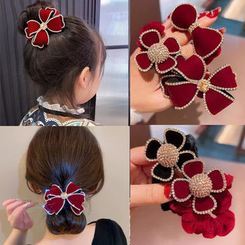 Parent-child Red New Children's Bow Hair Ring Internet Celebrity Princess Ball Head Back of Head Velvet Hairpin Flower
