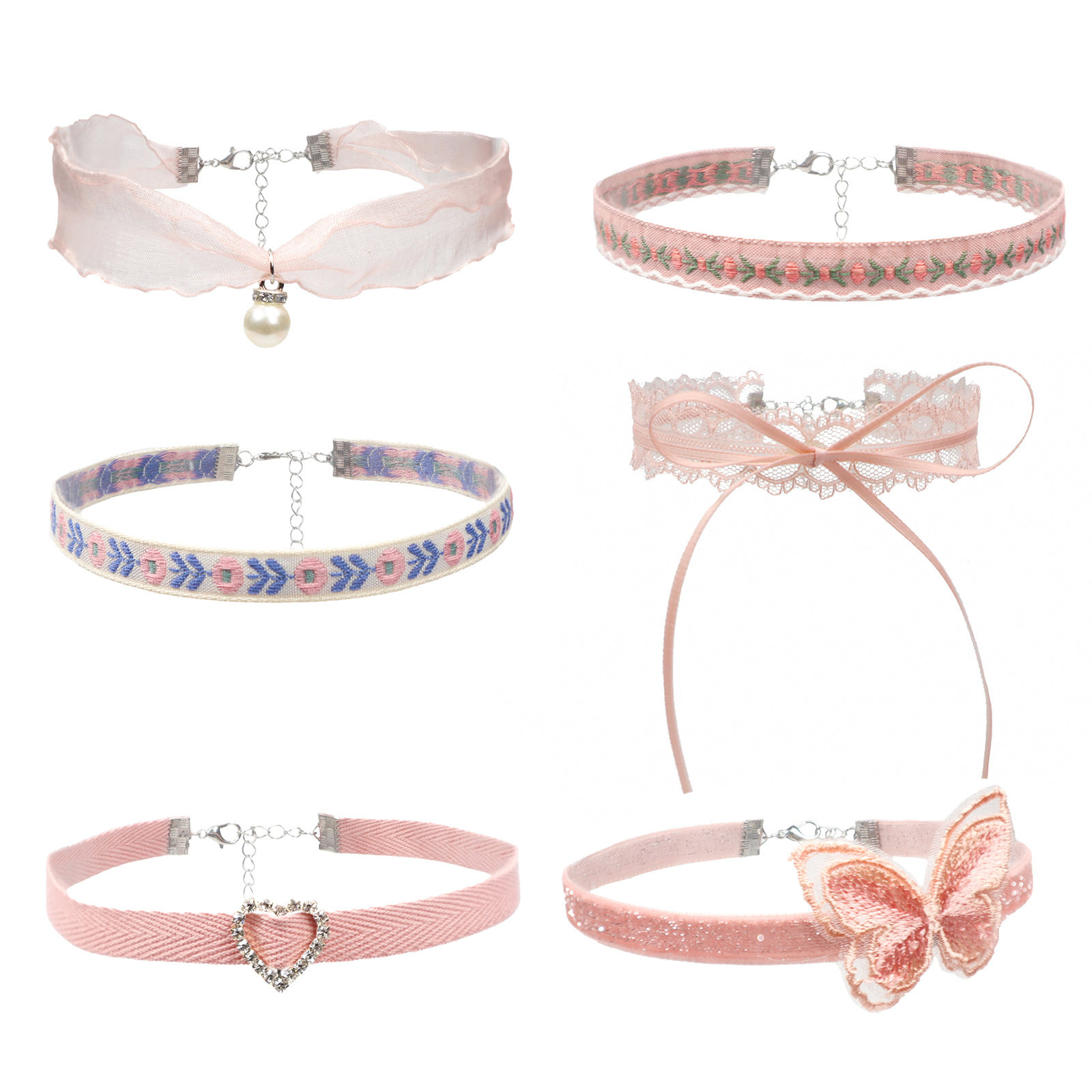 Cross-Border New Jewelry Girl Neckband Pink Heart Pendant Necklace Choker Collar Clavicle Chain Butterfly Necklace