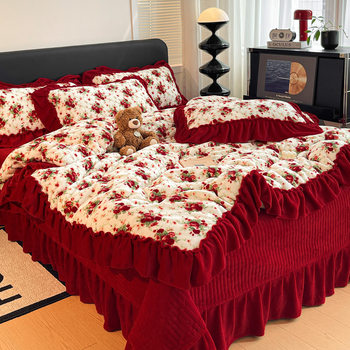 Retro Style Large Lace Quilted Fleece-Lined Bed Cover Quilt Cover Bed Four-Piece Winter Anti-Static Warm Quilt Cover Bed Cover