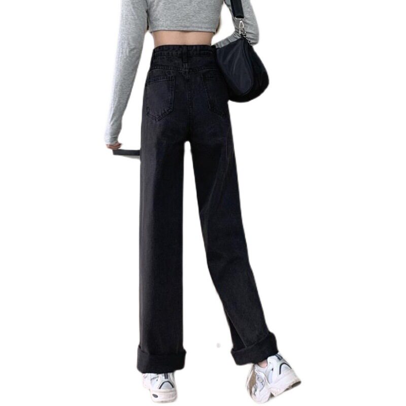 High Waisted Black Denim Pants for Women Loose Fit Straight Leg Floor Length Casual Autumn Style Wholesale Available