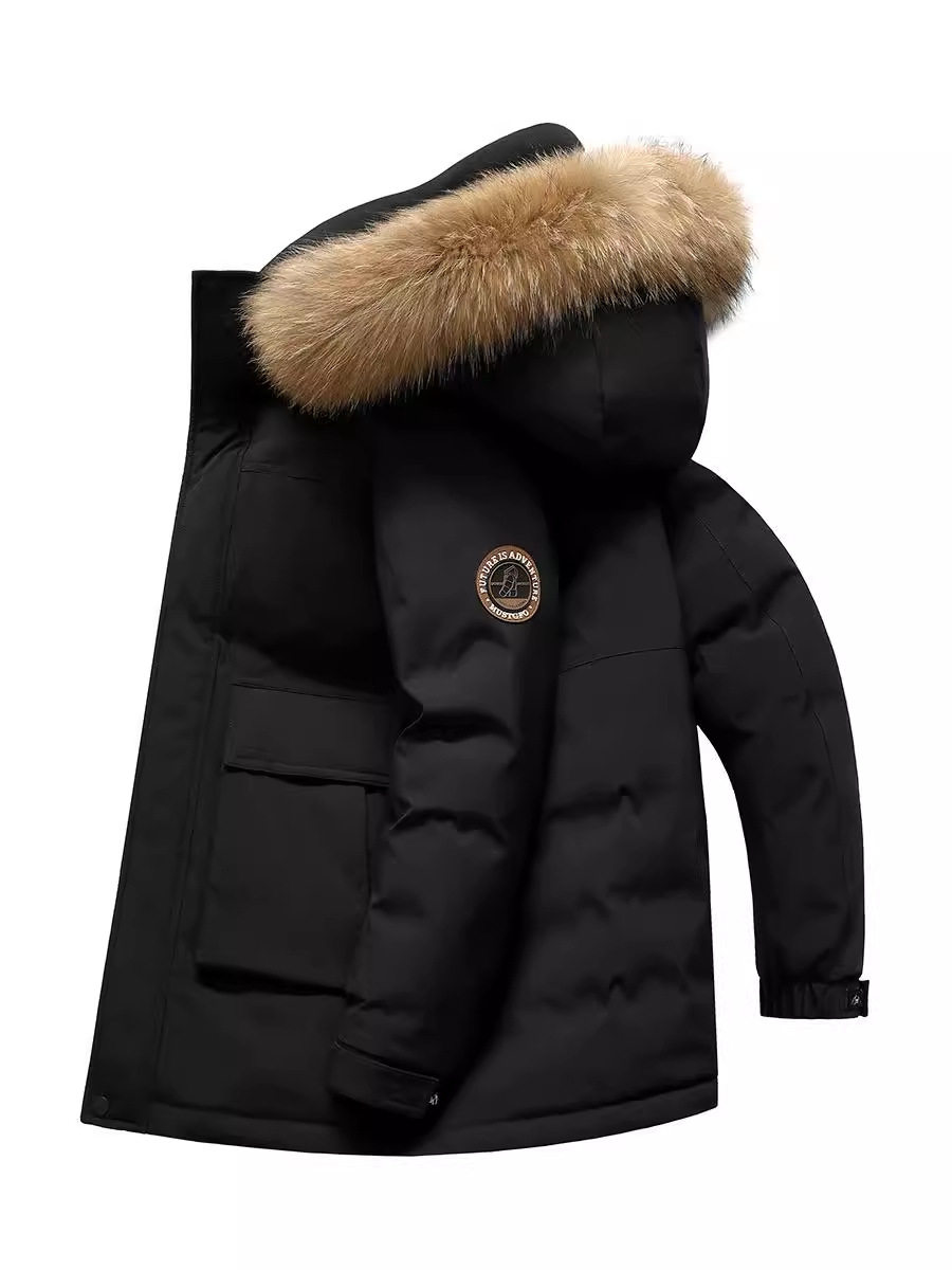 Extremely cold thickened cap design with removable raccoon fur collar high efficiency cold long down jacket.