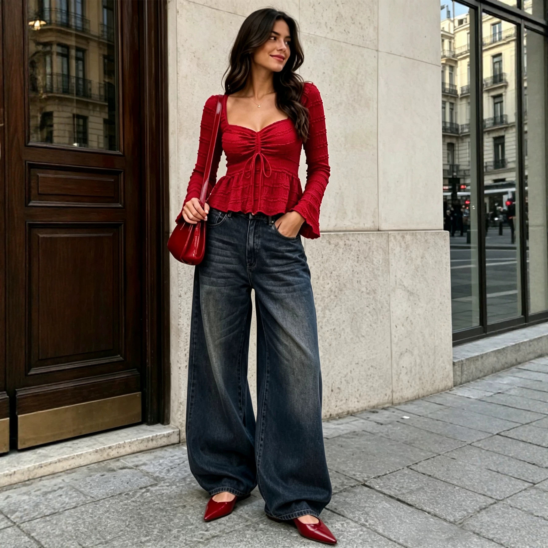 Vintage Red Textured Top Square Neck Drawstring Waist Backless Ruffle Bell Sleeves Autumn Winter Fashion