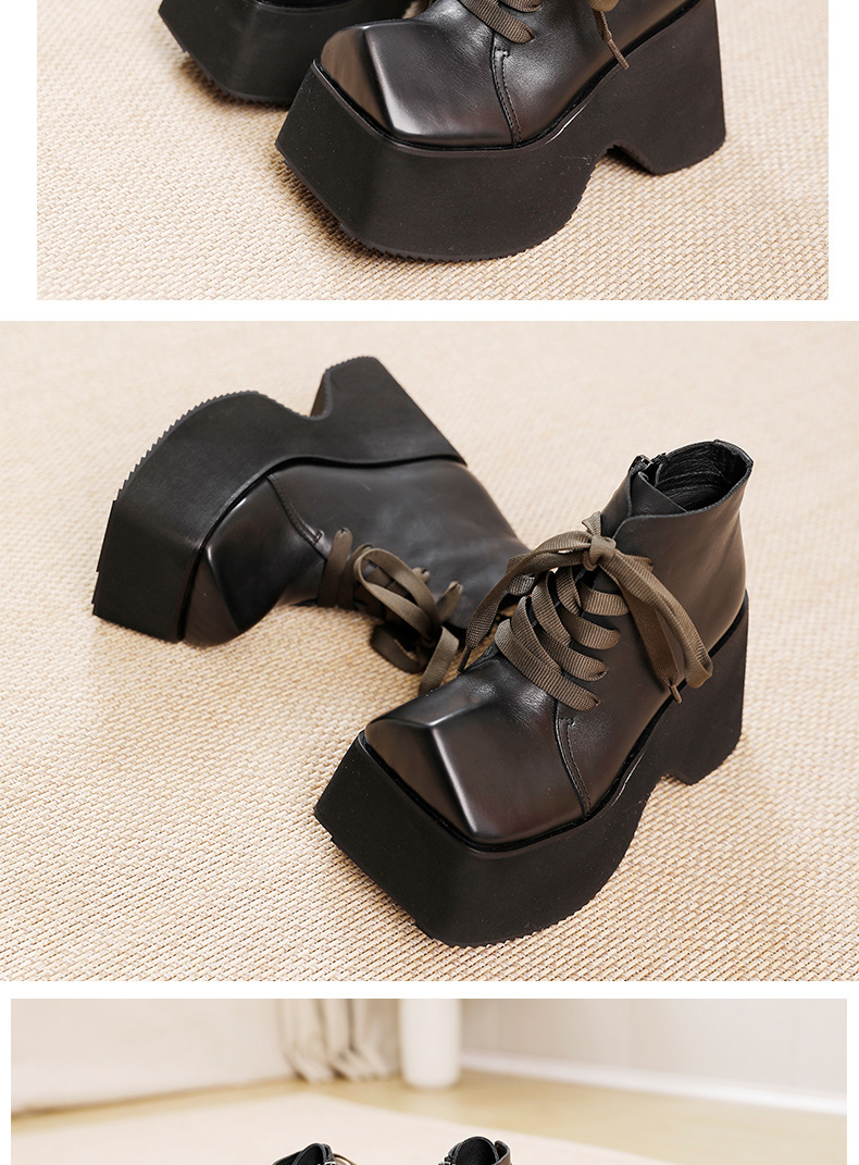 Boot Martin nữ cổ ngắn đế dày 10cm mũi vuông da bò thật buộc dây — Màu đen