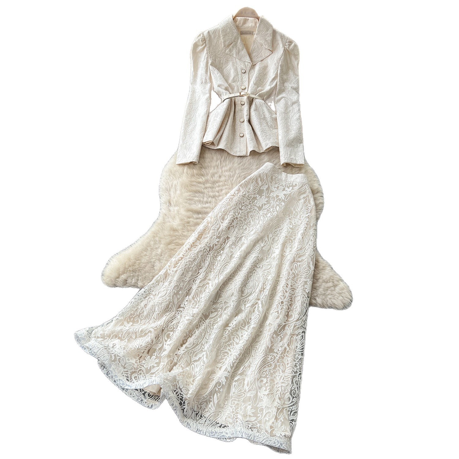 V Neck Lace Top and Midi Skirt Set Elegant Fit French Style Autumn Office Wear Wholesale Available