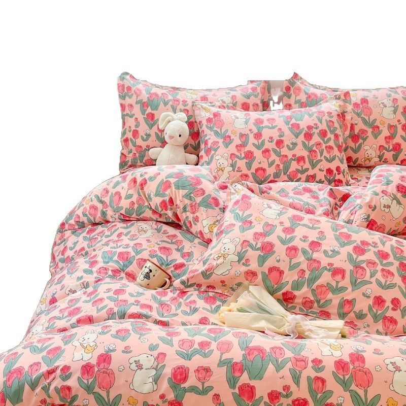 Pure Cotton Four-Piece Bedding Set 100% Cotton Student Dormitory Home Use Pastoral Style Bed Sheet Duvet Cover Three-Piece Set All-Season Style