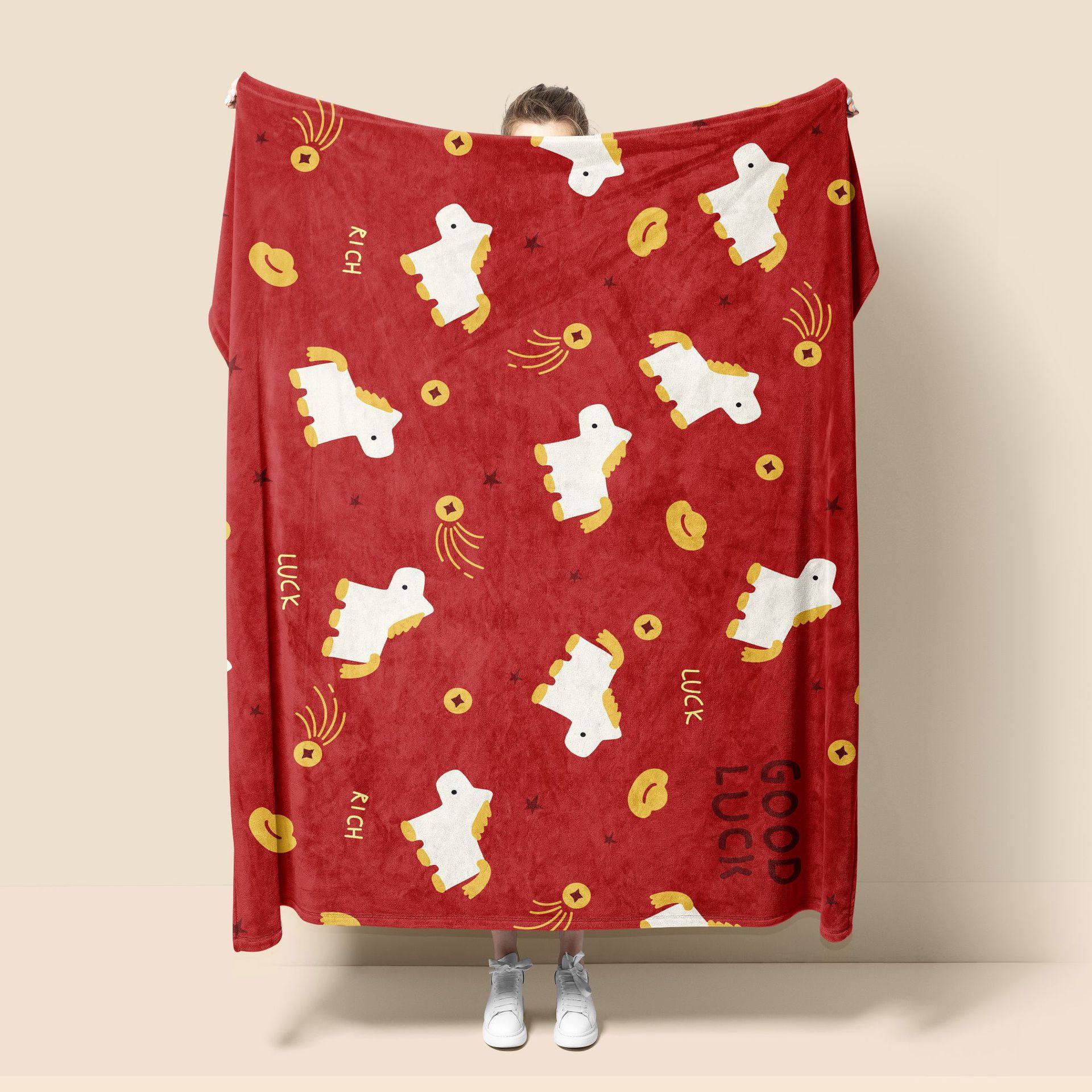 2026 New Year Blanket Year of the Horse Custom Blanket Red Sofa Blanket Office Winter Thickened Throw Blanket Soft Fur