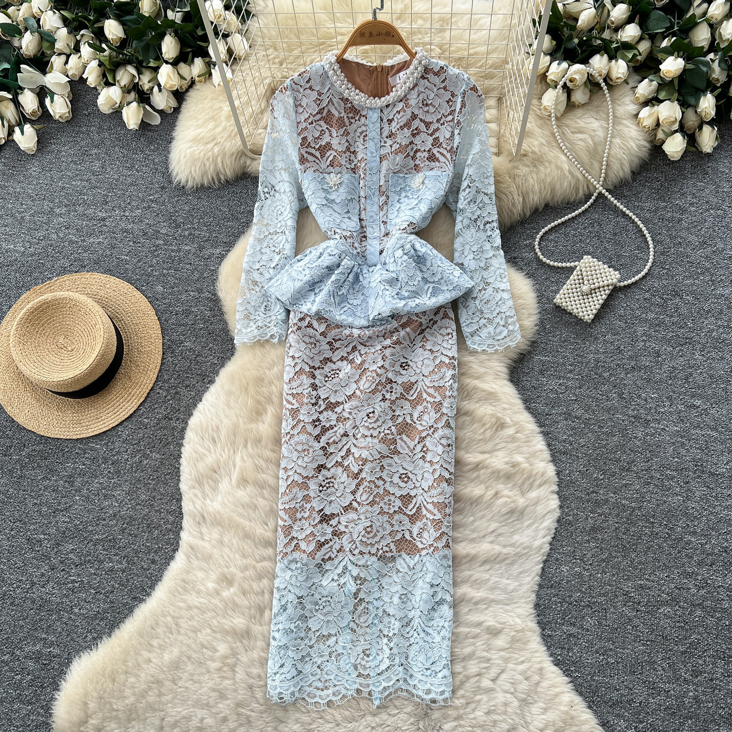 Lace Ruffle Hem Long Sleeve Dress Slim Fit High Waist Elegant Style Perfect for Office and Autumn Events Wholesale
