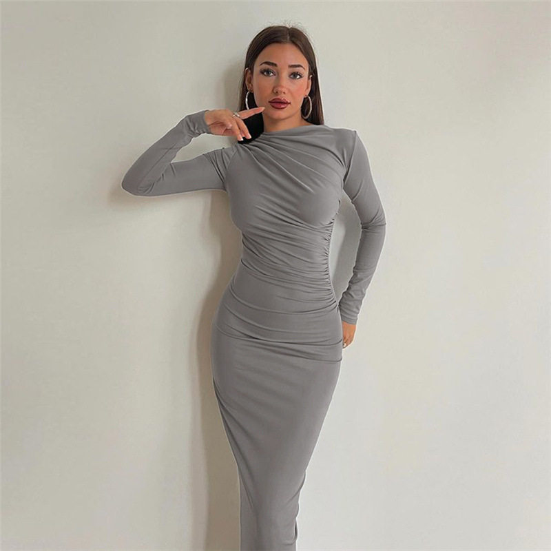 Womens Spring Dress Fashionable Solid Color Long Sleeve Slim Fit Round Neck Perfect for Casual or Formal Occasions