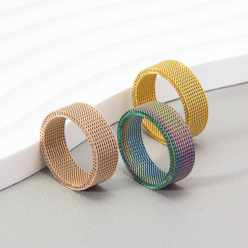 2026 Amazon Plaid Mesh Ring 8mm Titanium Steel High-Quality Unisex Simple Transformable Multi-Color Mesh Ring